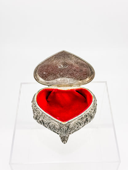 Vintage Silver Plated Embossed Heart Shaped Jewelry Or Trinket Box