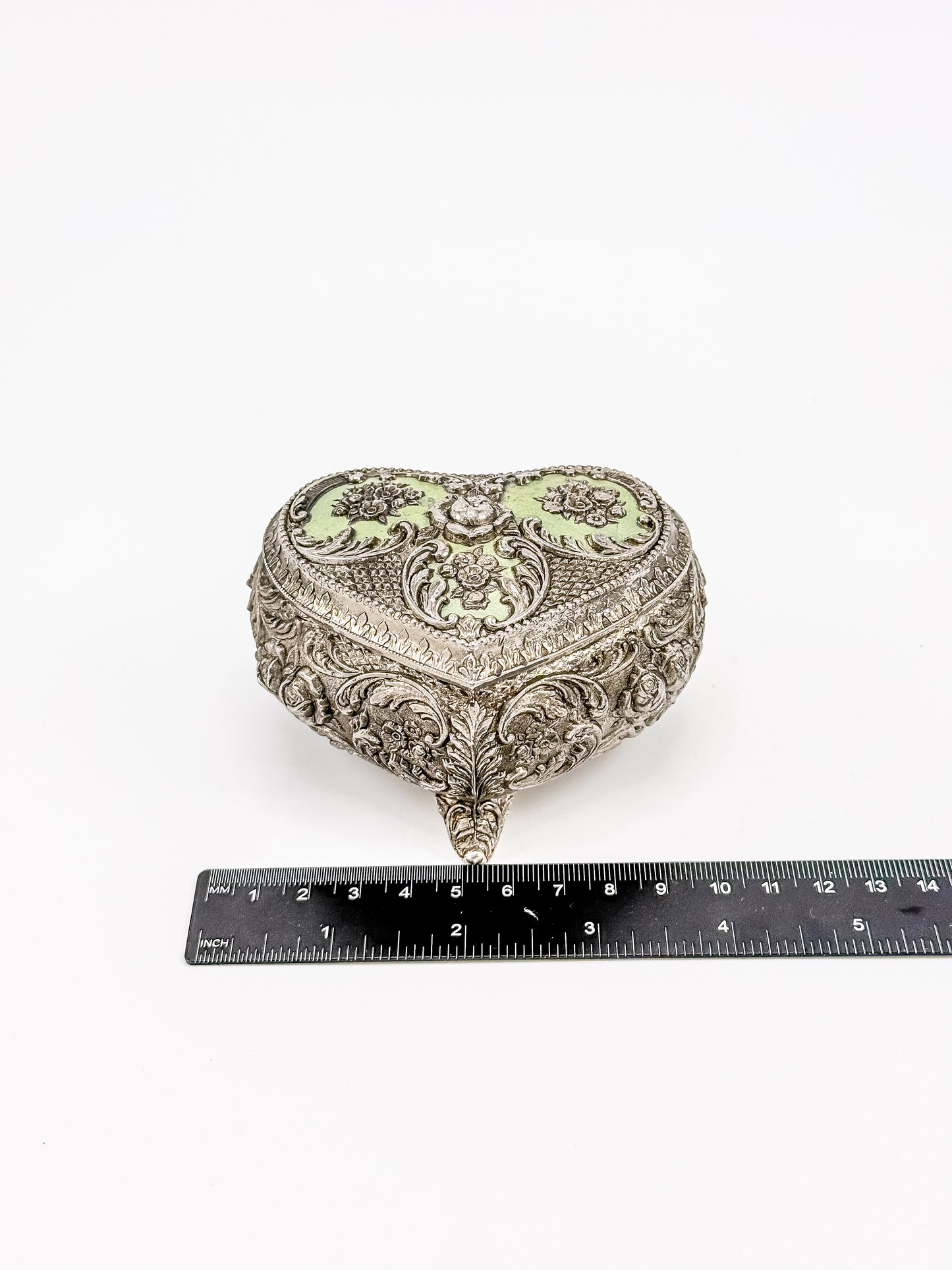 Vintage Silver Plated Embossed Heart Shaped Jewelry Or Trinket Box