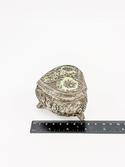 Vintage Silver Plated Embossed Heart Shaped Jewelry Or Trinket Box