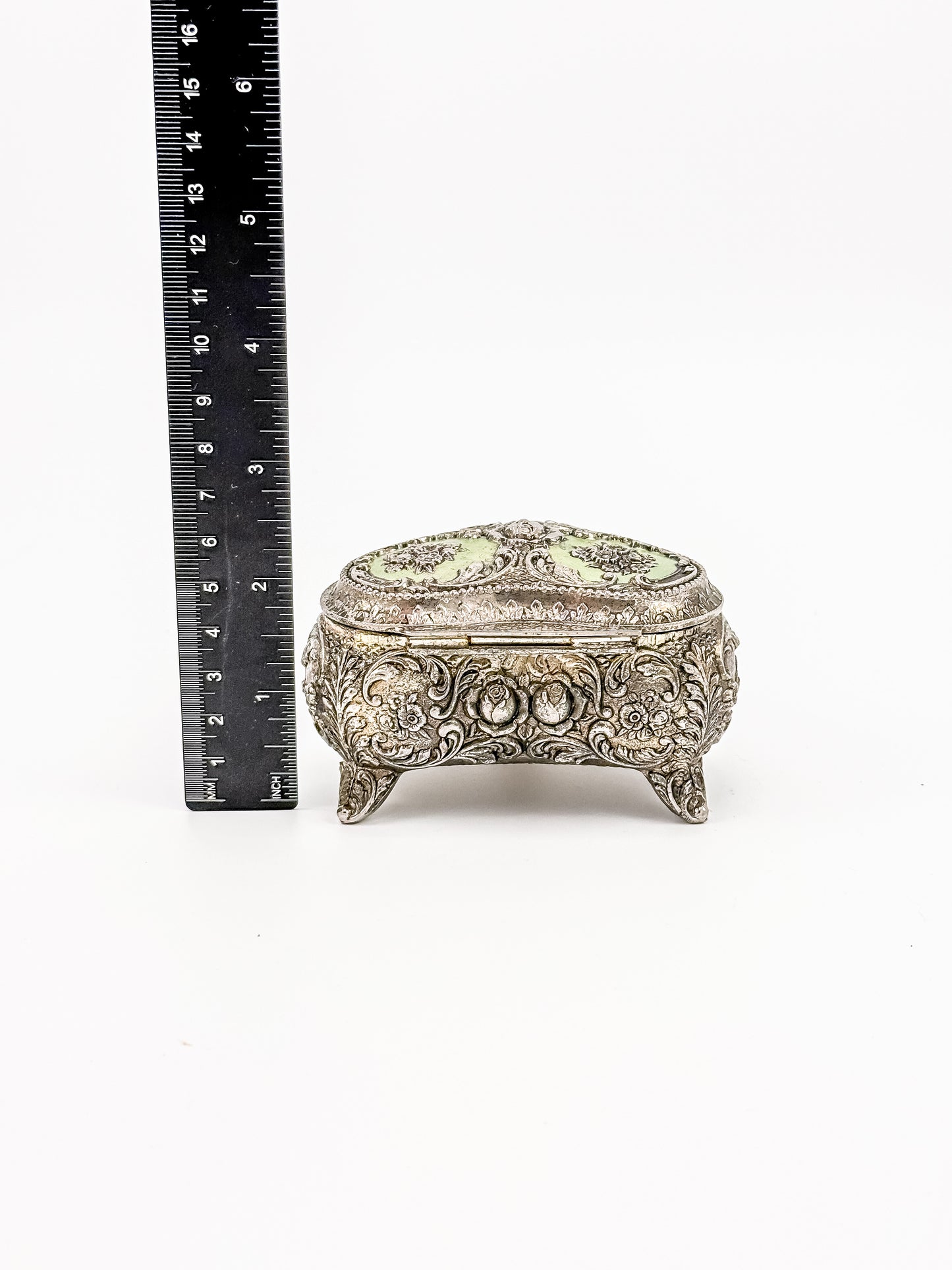 Vintage Silver Plated Embossed Heart Shaped Jewelry Or Trinket Box
