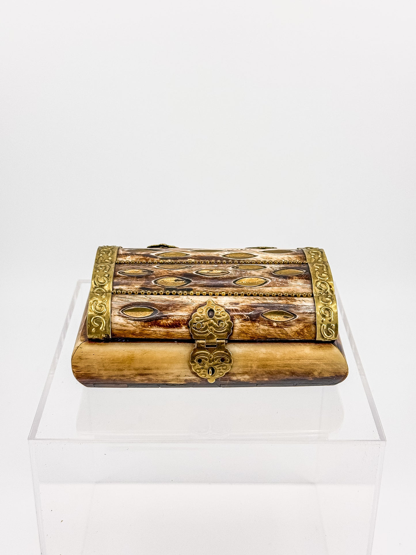 Vintage Bone Jewelry Box | Handcrafted Brass Inlay Keepsake Box | Blue Lined Trinket Box