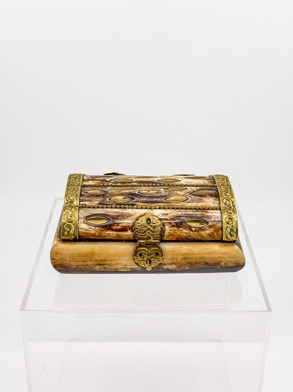 Vintage Bone Jewelry Box | Handcrafted Brass Inlay Keepsake Box | Blue Lined Trinket Box