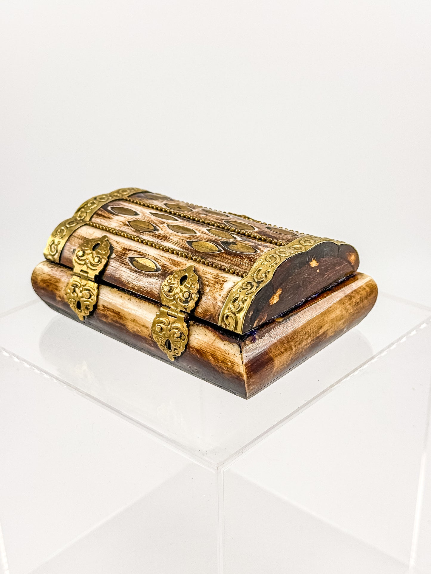Vintage Bone Jewelry Box | Handcrafted Brass Inlay Keepsake Box | Blue Lined Trinket Box