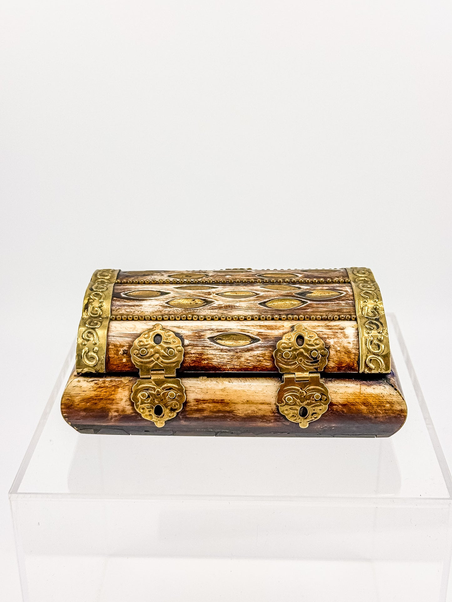 Vintage Bone Jewelry Box | Handcrafted Brass Inlay Keepsake Box | Blue Lined Trinket Box