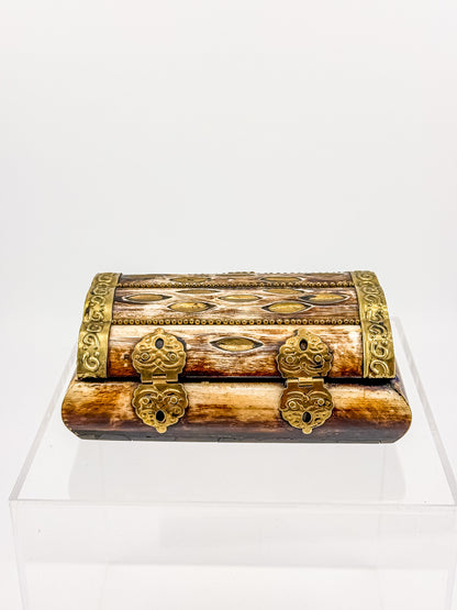 Vintage Bone Jewelry Box | Handcrafted Brass Inlay Keepsake Box | Blue Lined Trinket Box