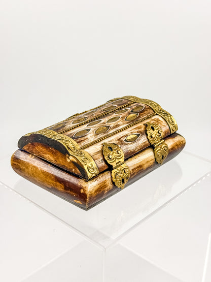 Vintage Bone Jewelry Box | Handcrafted Brass Inlay Keepsake Box | Blue Lined Trinket Box