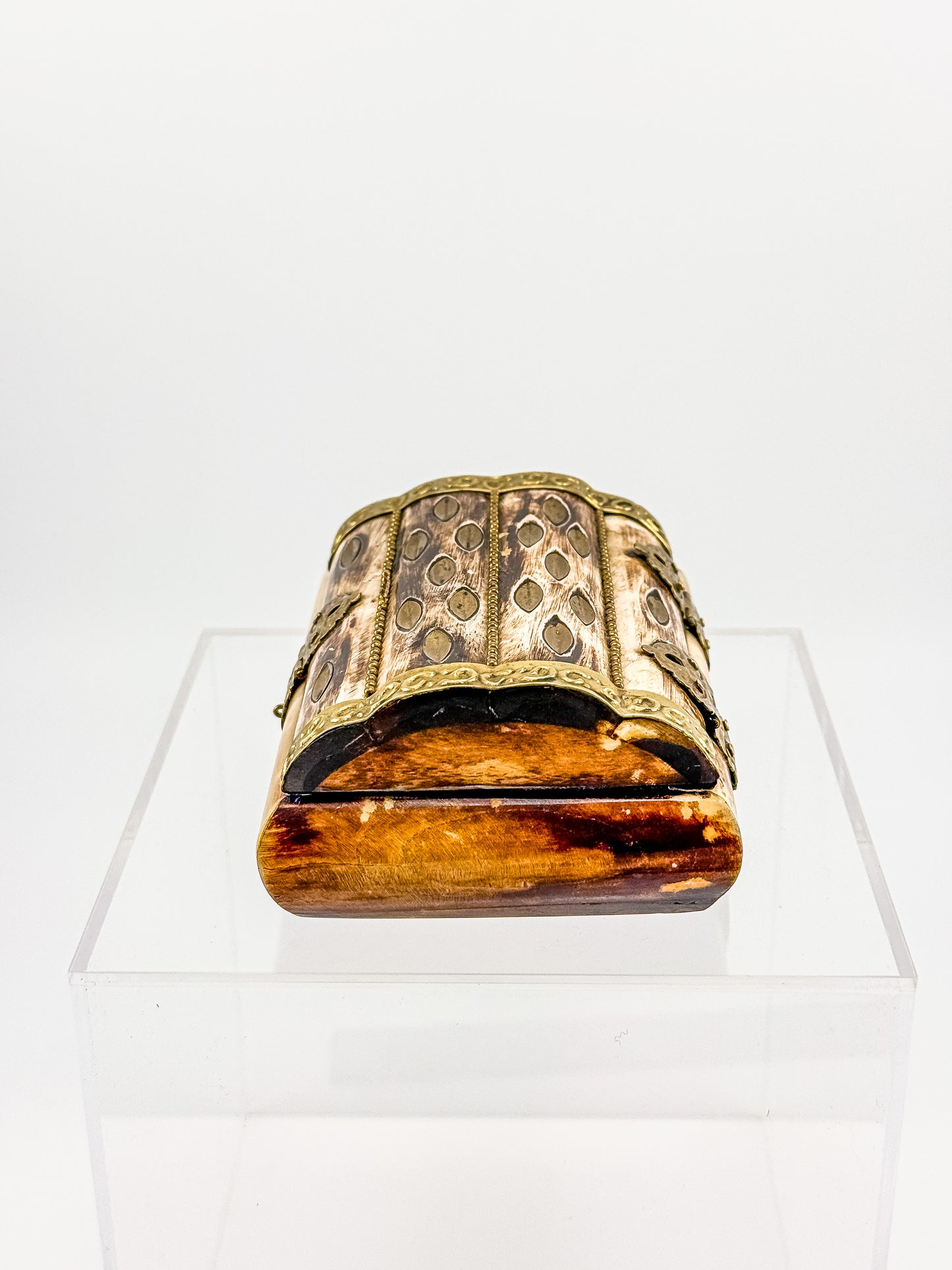 Vintage Bone Jewelry Box | Handcrafted Brass Inlay Keepsake Box | Blue Lined Trinket Box