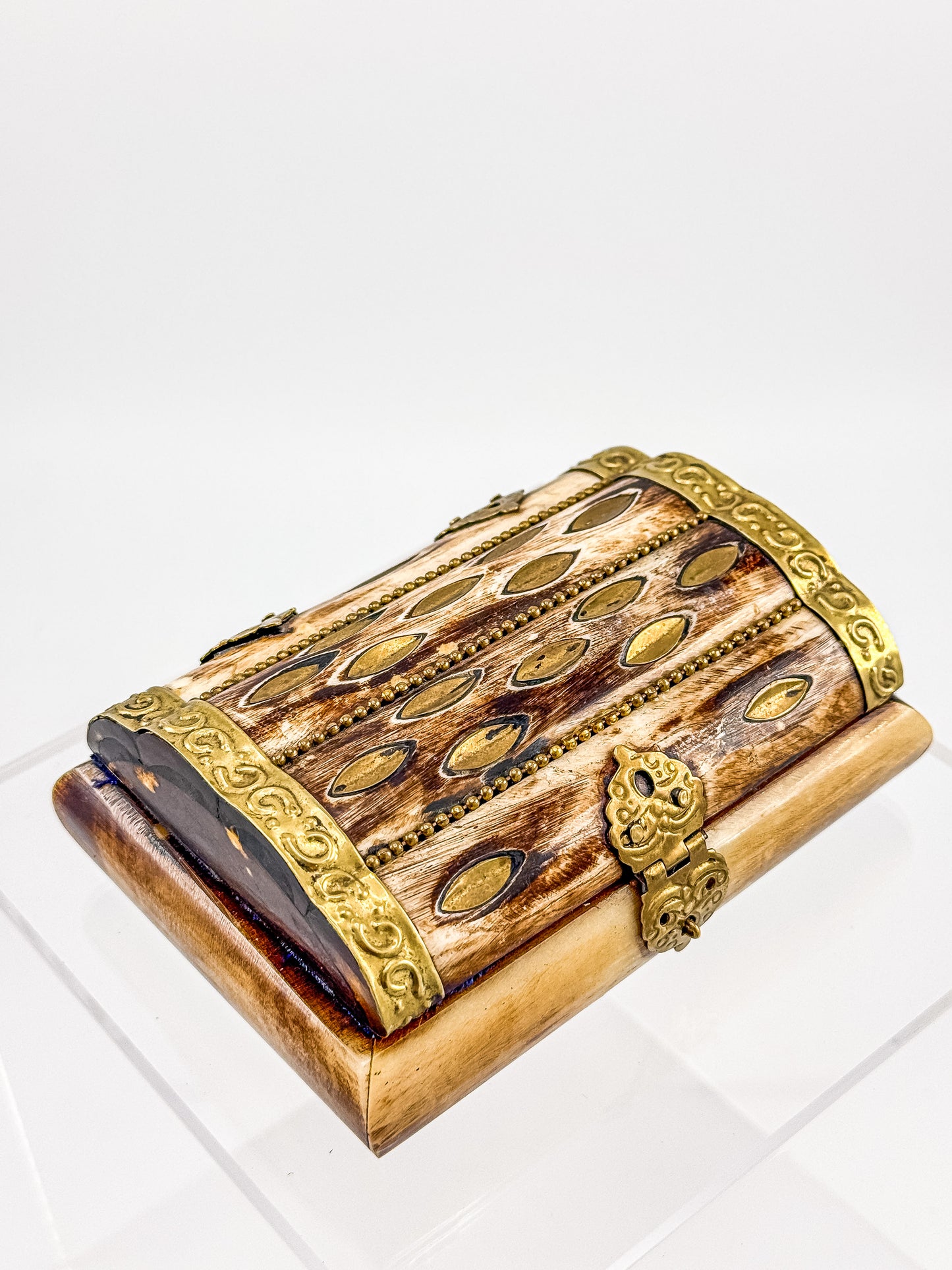 Vintage Bone Jewelry Box | Handcrafted Brass Inlay Keepsake Box | Blue Lined Trinket Box