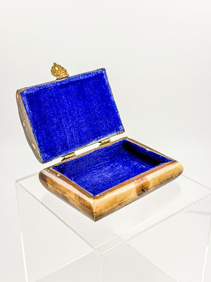 Vintage Bone Jewelry Box | Handcrafted Brass Inlay Keepsake Box | Blue Lined Trinket Box