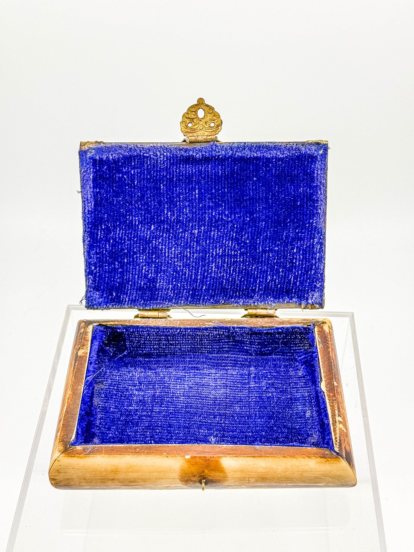 Vintage Bone Jewelry Box | Handcrafted Brass Inlay Keepsake Box | Blue Lined Trinket Box