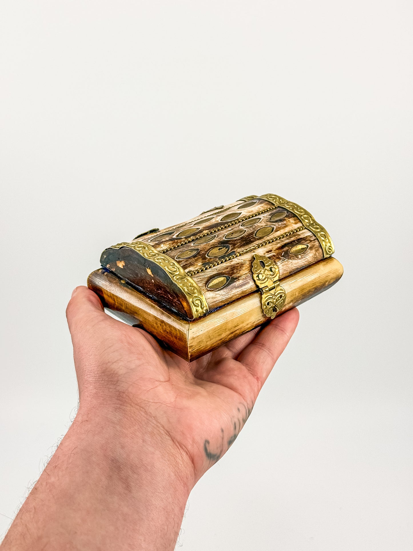 Vintage Bone Jewelry Box | Handcrafted Brass Inlay Keepsake Box | Blue Lined Trinket Box