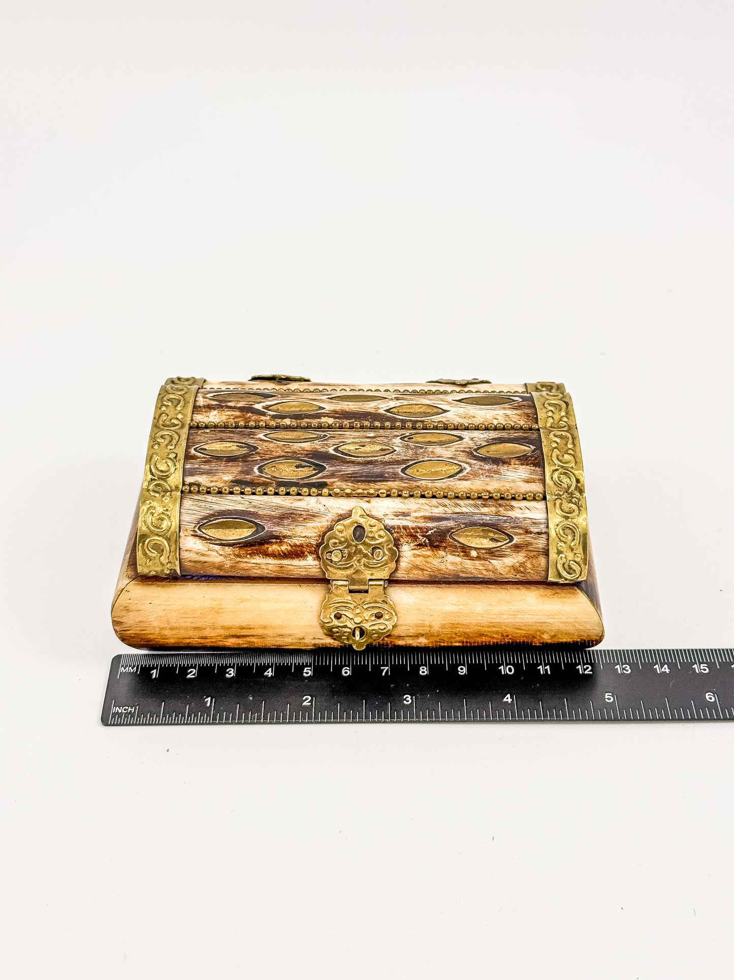 Vintage Bone Jewelry Box | Handcrafted Brass Inlay Keepsake Box | Blue Lined Trinket Box