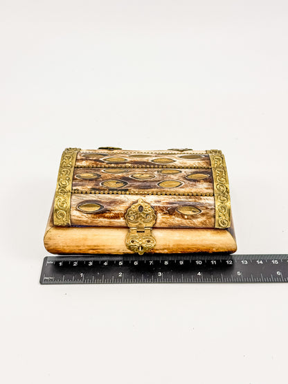 Vintage Bone Jewelry Box | Handcrafted Brass Inlay Keepsake Box | Blue Lined Trinket Box