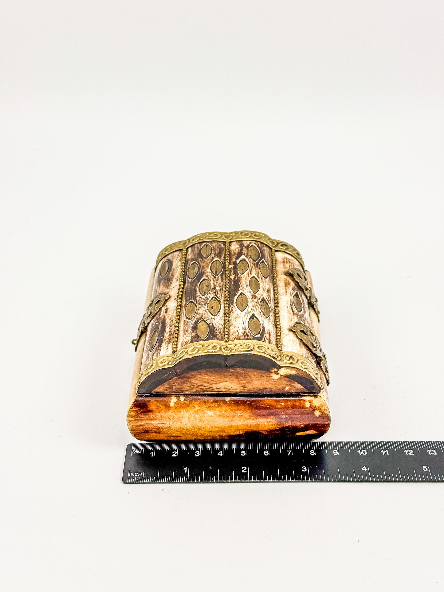 Vintage Bone Jewelry Box | Handcrafted Brass Inlay Keepsake Box | Blue Lined Trinket Box