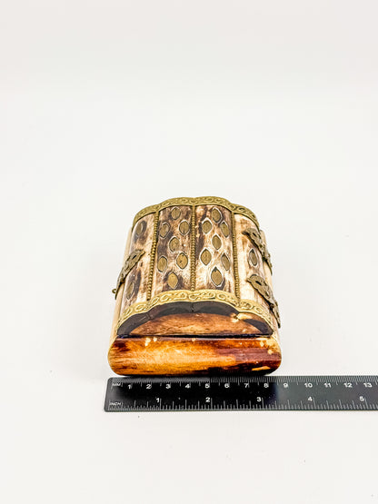 Vintage Bone Jewelry Box | Handcrafted Brass Inlay Keepsake Box | Blue Lined Trinket Box