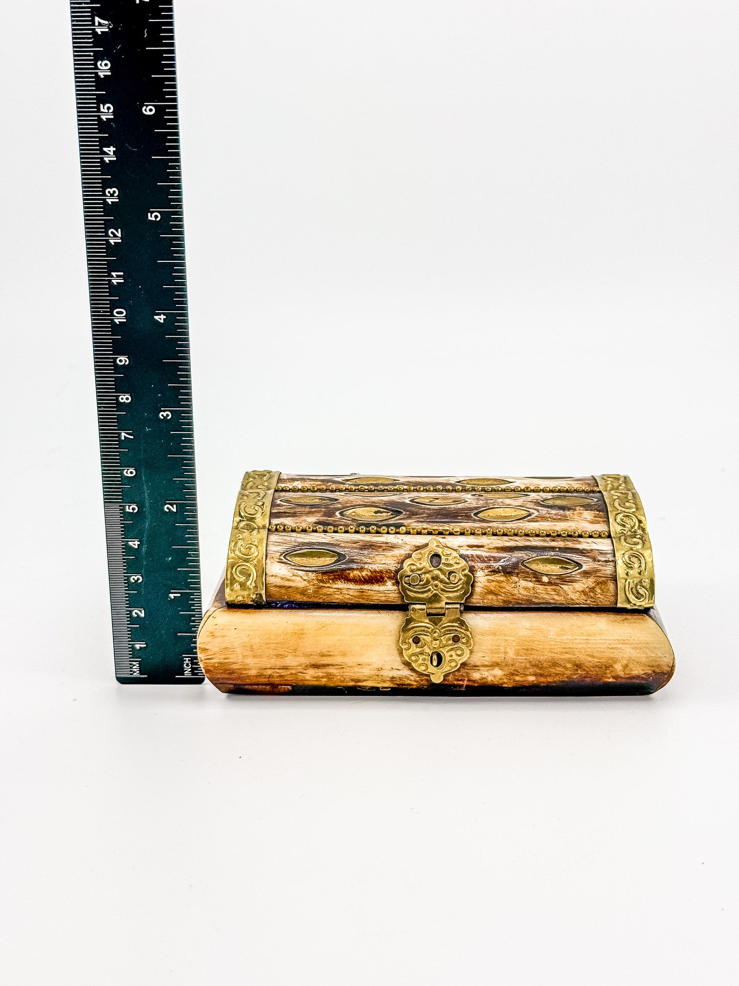 Vintage Bone Jewelry Box | Handcrafted Brass Inlay Keepsake Box | Blue Lined Trinket Box