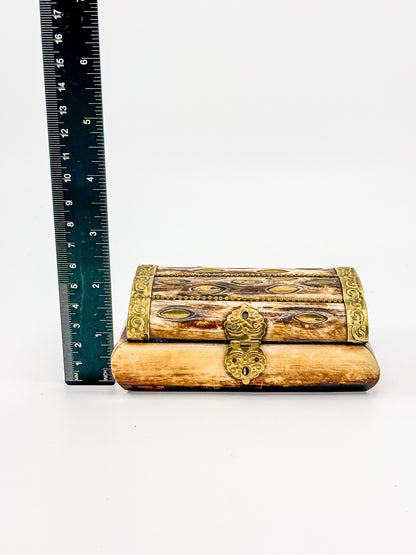 Vintage Bone Jewelry Box | Handcrafted Brass Inlay Keepsake Box | Blue Lined Trinket Box