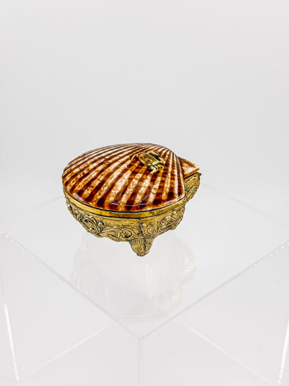 Vintage Brass Metal Base Ceramic Shell Trinket Box | Hinged Lid with Crab | Coastal Jewelry Box