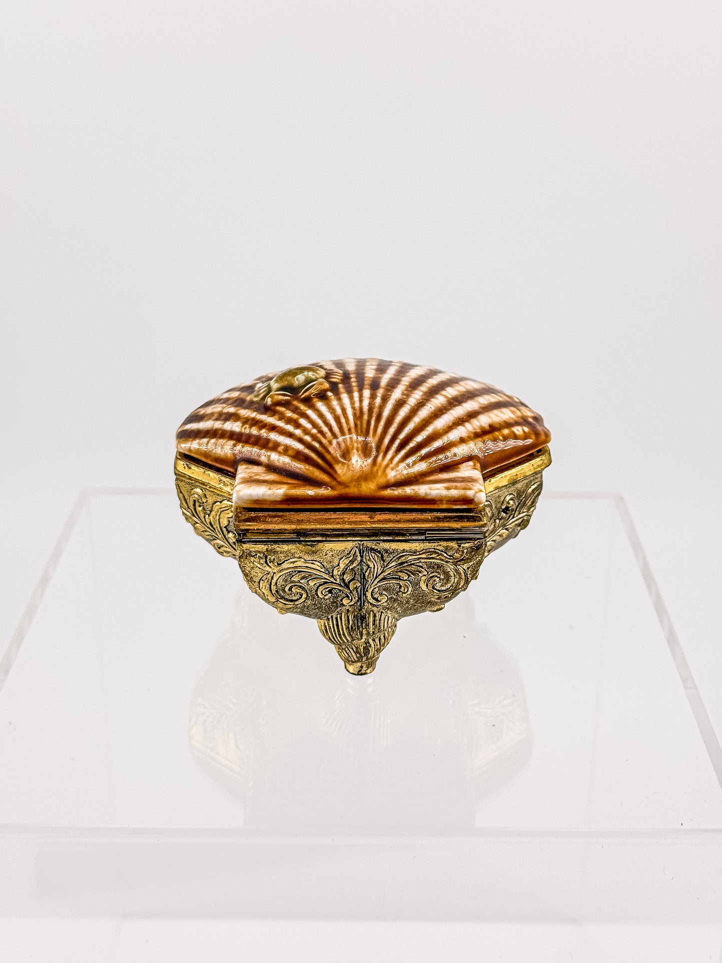 Vintage Brass Metal Base Ceramic Shell Trinket Box | Hinged Lid with Crab | Coastal Jewelry Box