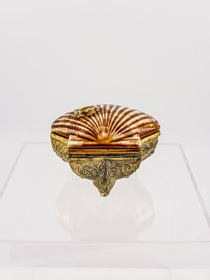 Vintage Brass Metal Base Ceramic Shell Trinket Box | Hinged Lid with Crab | Coastal Jewelry Box
