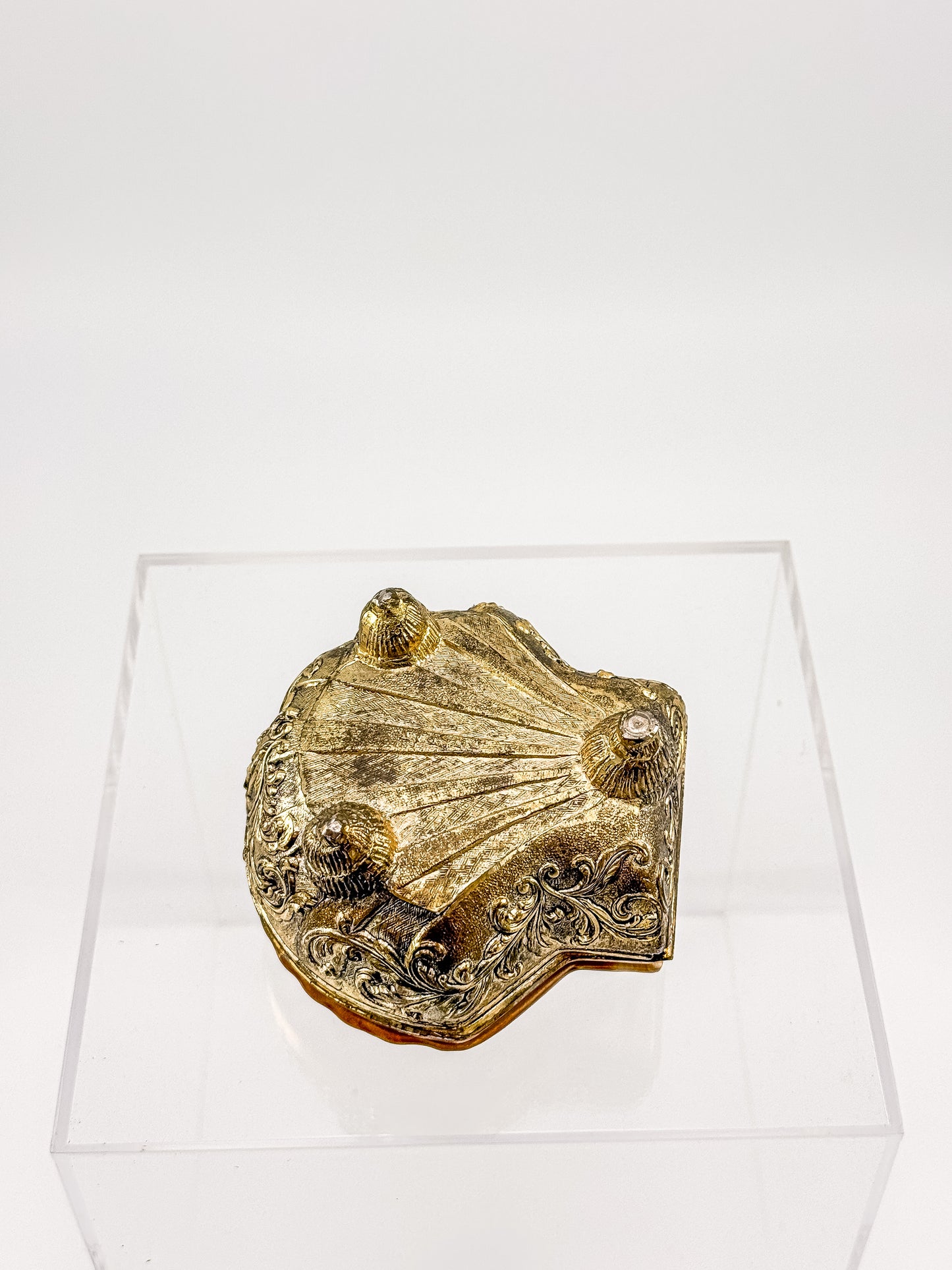 Vintage Brass Metal Base Ceramic Shell Trinket Box | Hinged Lid with Crab | Coastal Jewelry Box