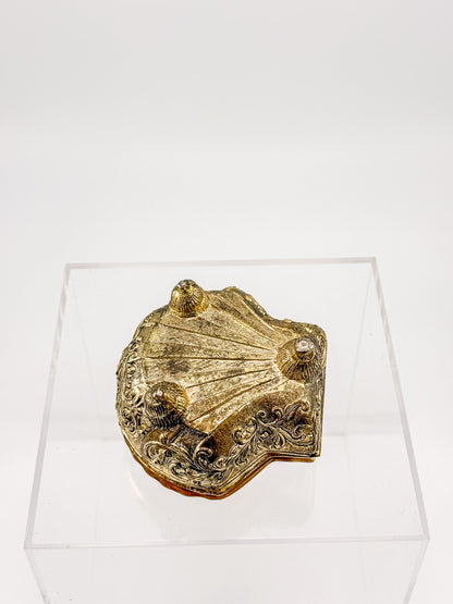 Vintage Brass Metal Base Ceramic Shell Trinket Box | Hinged Lid with Crab | Coastal Jewelry Box