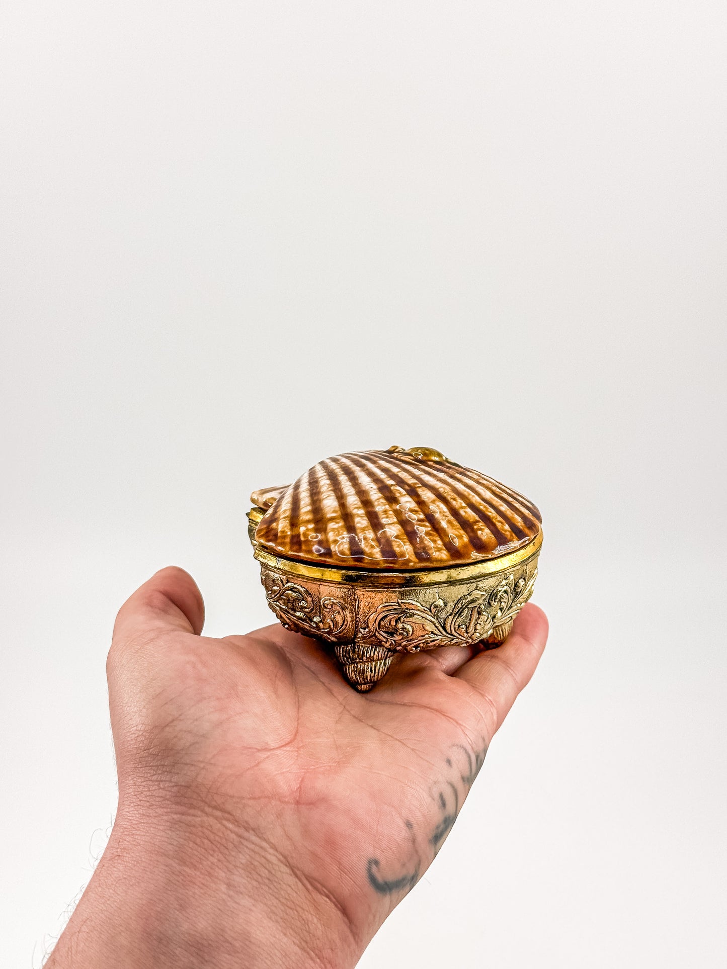 Vintage Brass Metal Base Ceramic Shell Trinket Box | Hinged Lid with Crab | Coastal Jewelry Box
