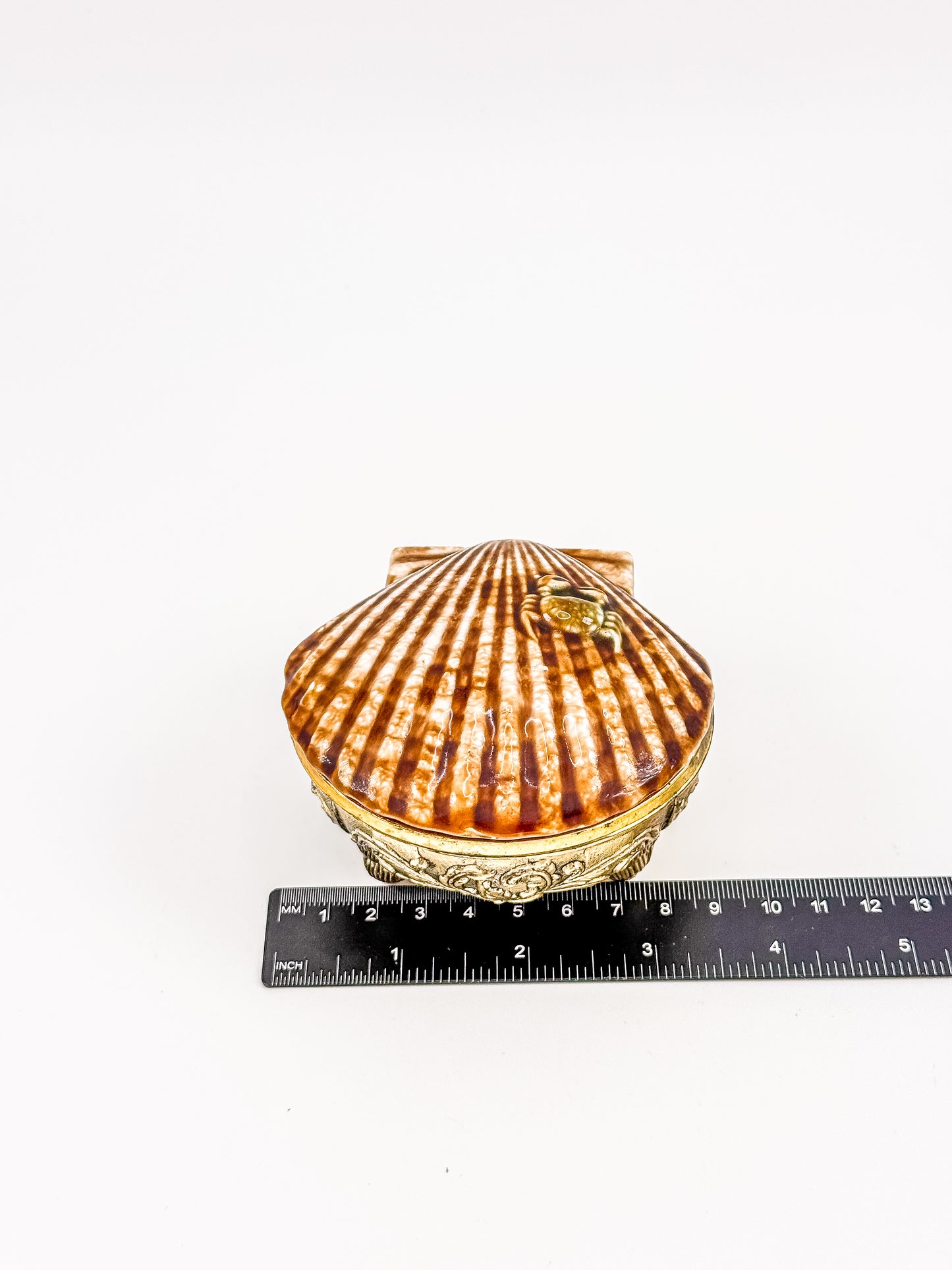 Vintage Brass Metal Base Ceramic Shell Trinket Box | Hinged Lid with Crab | Coastal Jewelry Box