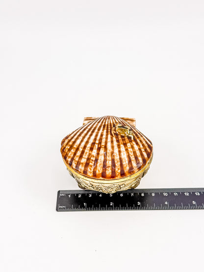 Vintage Brass Metal Base Ceramic Shell Trinket Box | Hinged Lid with Crab | Coastal Jewelry Box