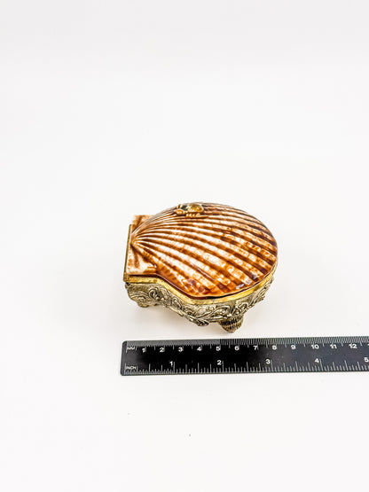 Vintage Brass Metal Base Ceramic Shell Trinket Box | Hinged Lid with Crab | Coastal Jewelry Box
