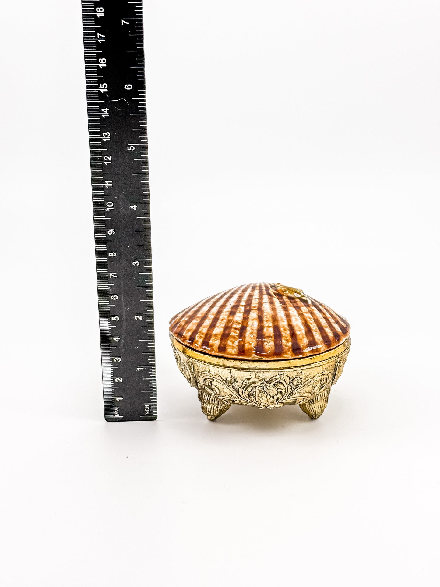Vintage Brass Metal Base Ceramic Shell Trinket Box | Hinged Lid with Crab | Coastal Jewelry Box