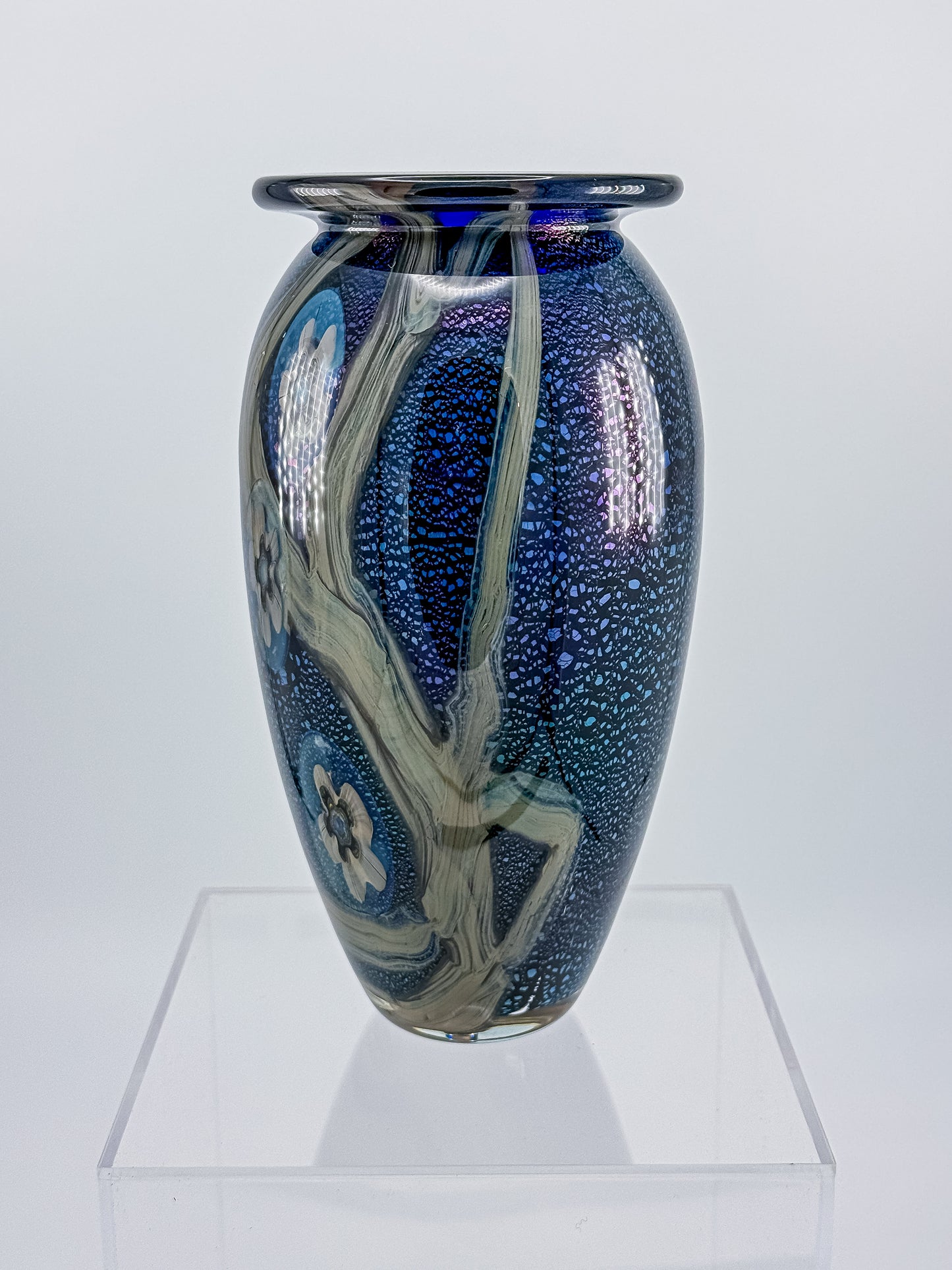 Eickholt Blue Dichroic Anemone Art Glass Vase | Signed Studio Art Glass | Iridescent Glass Vase