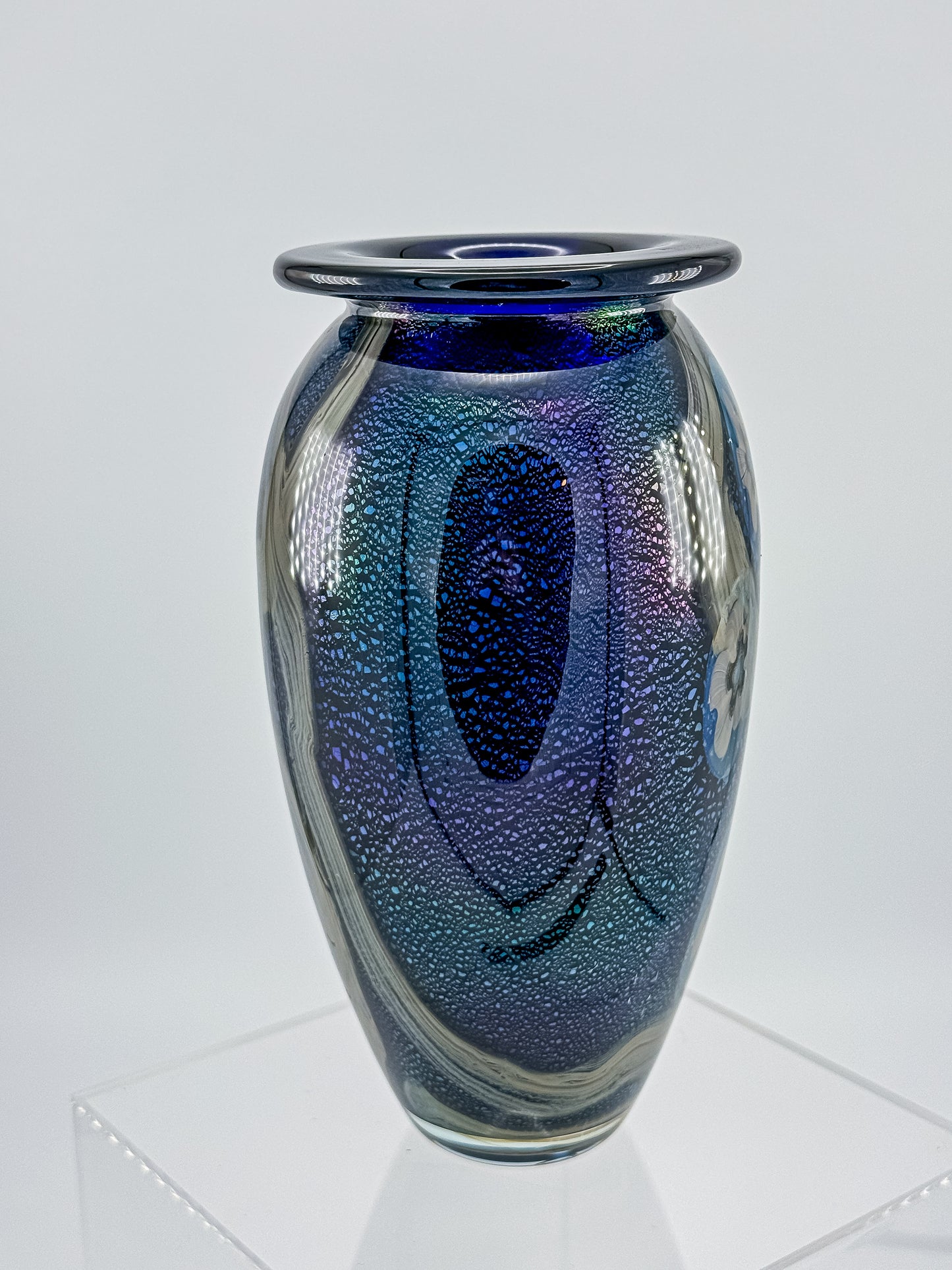 Eickholt Blue Dichroic Anemone Art Glass Vase | Signed Studio Art Glass | Iridescent Glass Vase