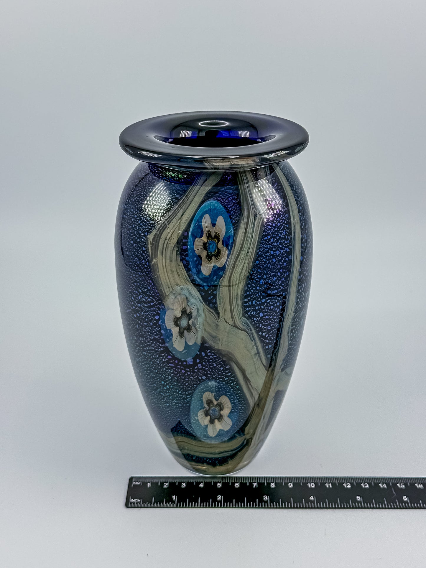Eickholt Blue Dichroic Anemone Art Glass Vase | Signed Studio Art Glass | Iridescent Glass Vase