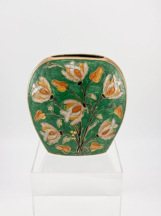 Vintage Hand Painted Enamel Brass Vase | Cloisonné Style Floral Tulip Vase | Green Enamel Brass Decor