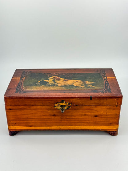Antique Victorian Wooden Keepsake Box – Spaniel Dog Decoupage Lid