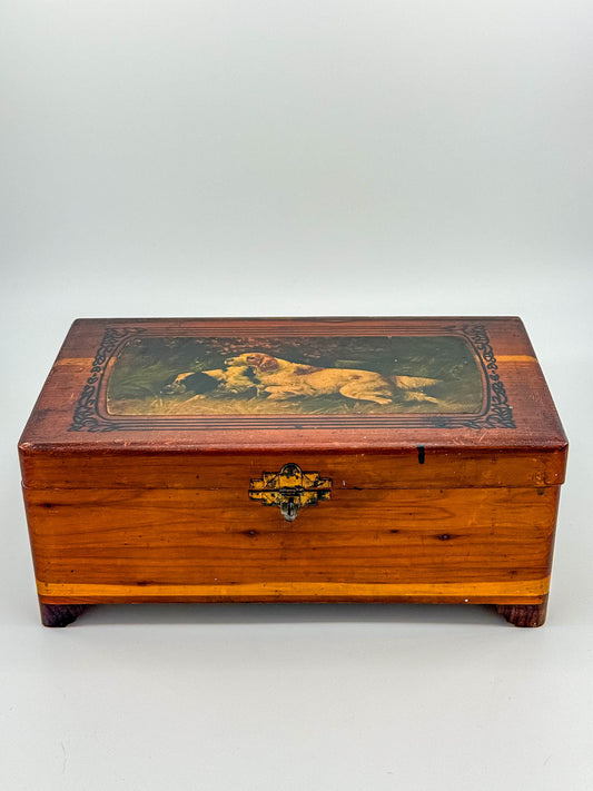 Antique Victorian Wooden Keepsake Box – Spaniel Dog Decoupage Lid