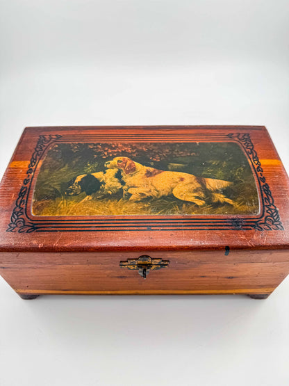 Antique Victorian Wooden Keepsake Box – Spaniel Dog Decoupage Lid