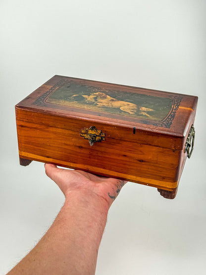 Antique Victorian Wooden Keepsake Box – Spaniel Dog Decoupage Lid