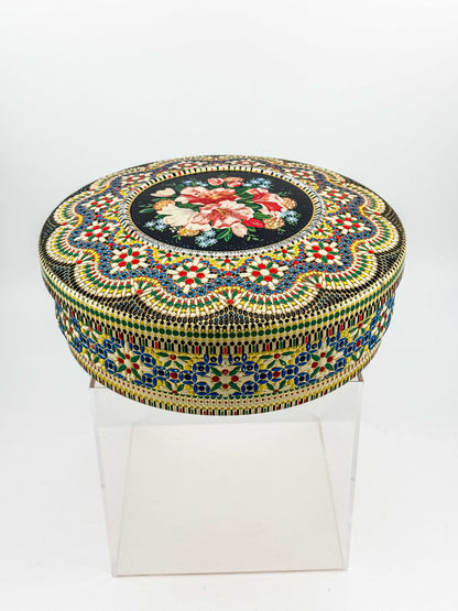 Vintage Dutch Round Tin Box – Floral Faux Bead Mosaic Lid