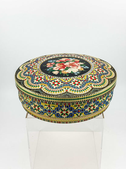 Vintage Dutch Round Tin Box – Floral Faux Bead Mosaic Lid