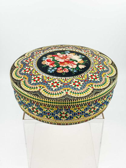 Vintage Dutch Round Tin Box – Floral Faux Bead Mosaic Lid