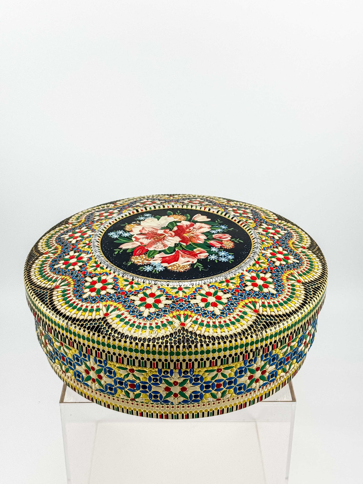 Vintage Dutch Round Tin Box – Floral Faux Bead Mosaic Lid