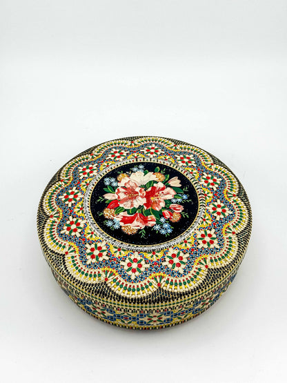 Vintage Dutch Round Tin Box – Floral Faux Bead Mosaic Lid