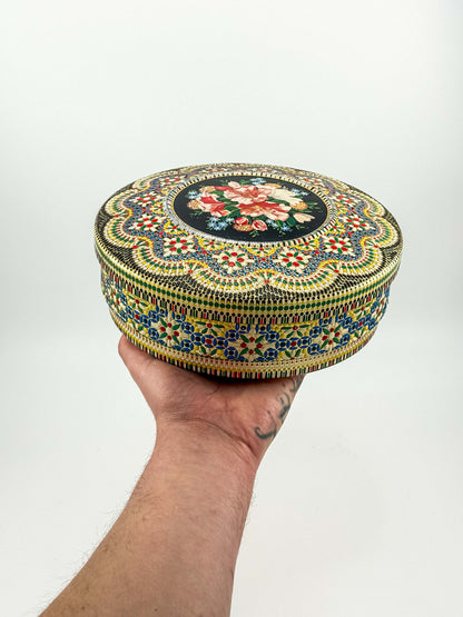 Vintage Dutch Round Tin Box – Floral Faux Bead Mosaic Lid