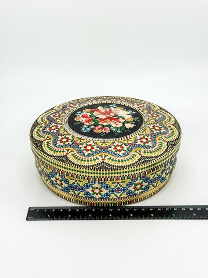 Vintage Dutch Round Tin Box – Floral Faux Bead Mosaic Lid