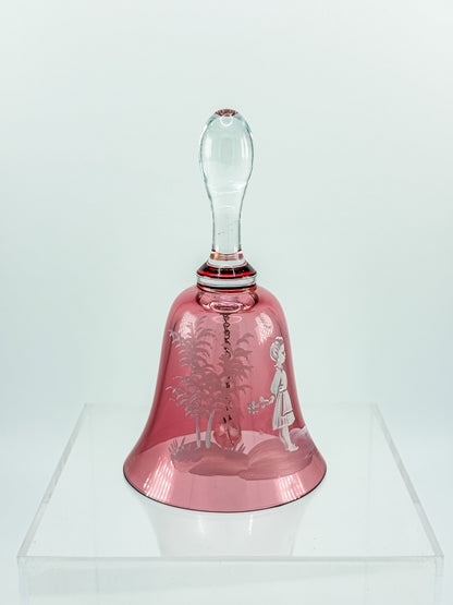 Vintage Mary Gregory Cranberry Glass Bell – White Enamel Girl