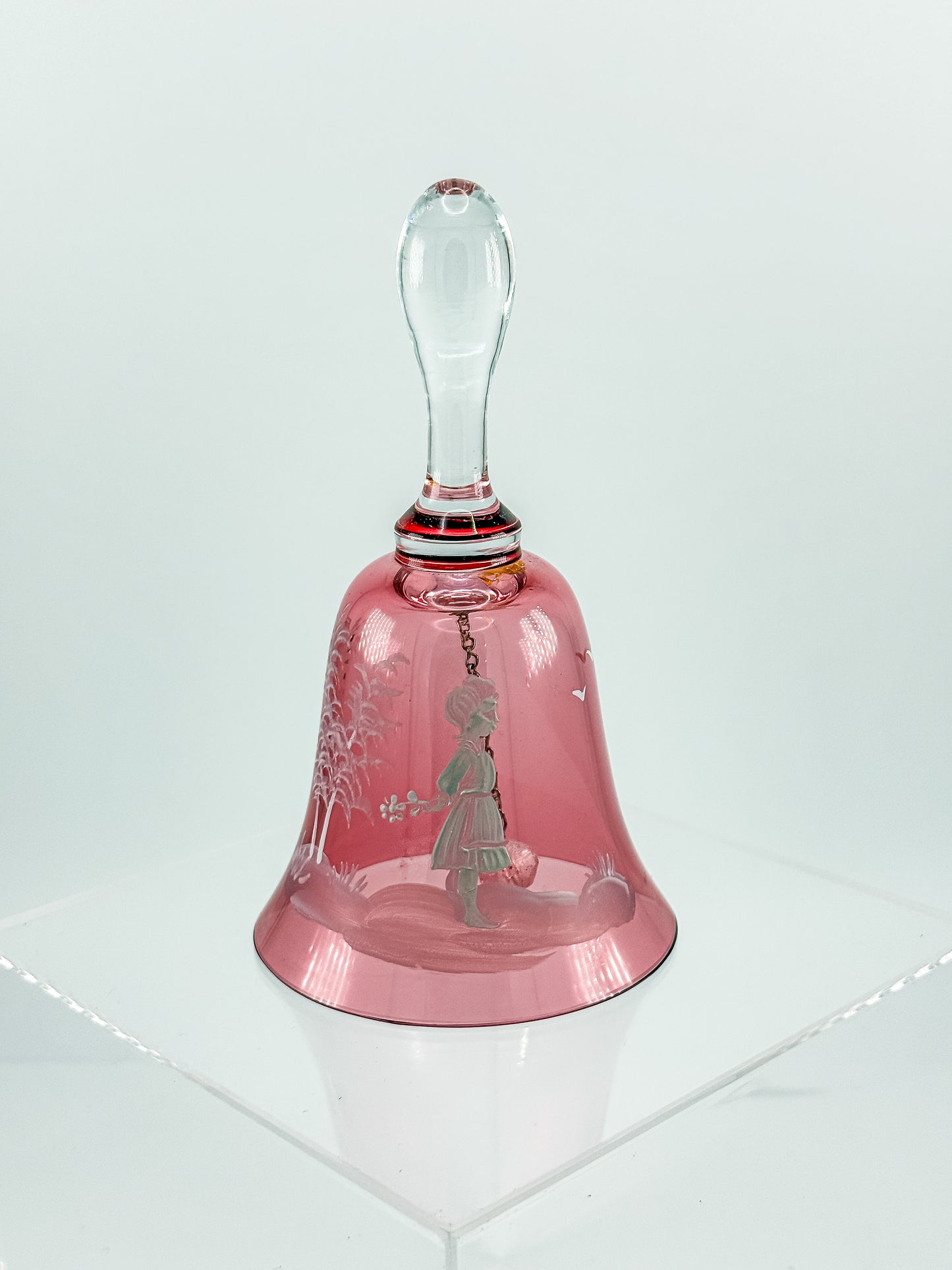 Vintage Mary Gregory Cranberry Glass Bell – White Enamel Girl
