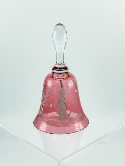 Vintage Mary Gregory Cranberry Glass Bell – White Enamel Girl