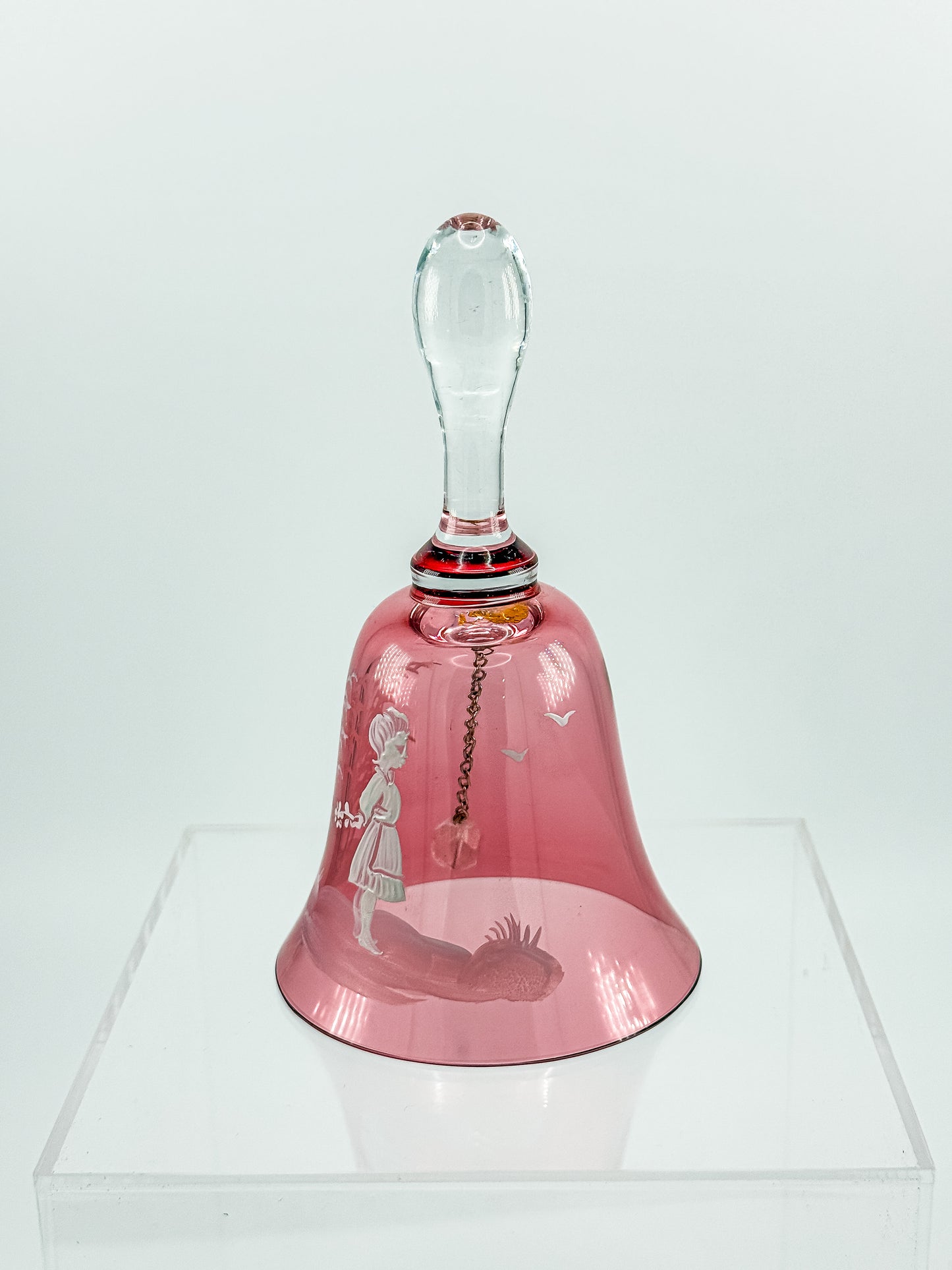 Vintage Mary Gregory Cranberry Glass Bell – White Enamel Girl